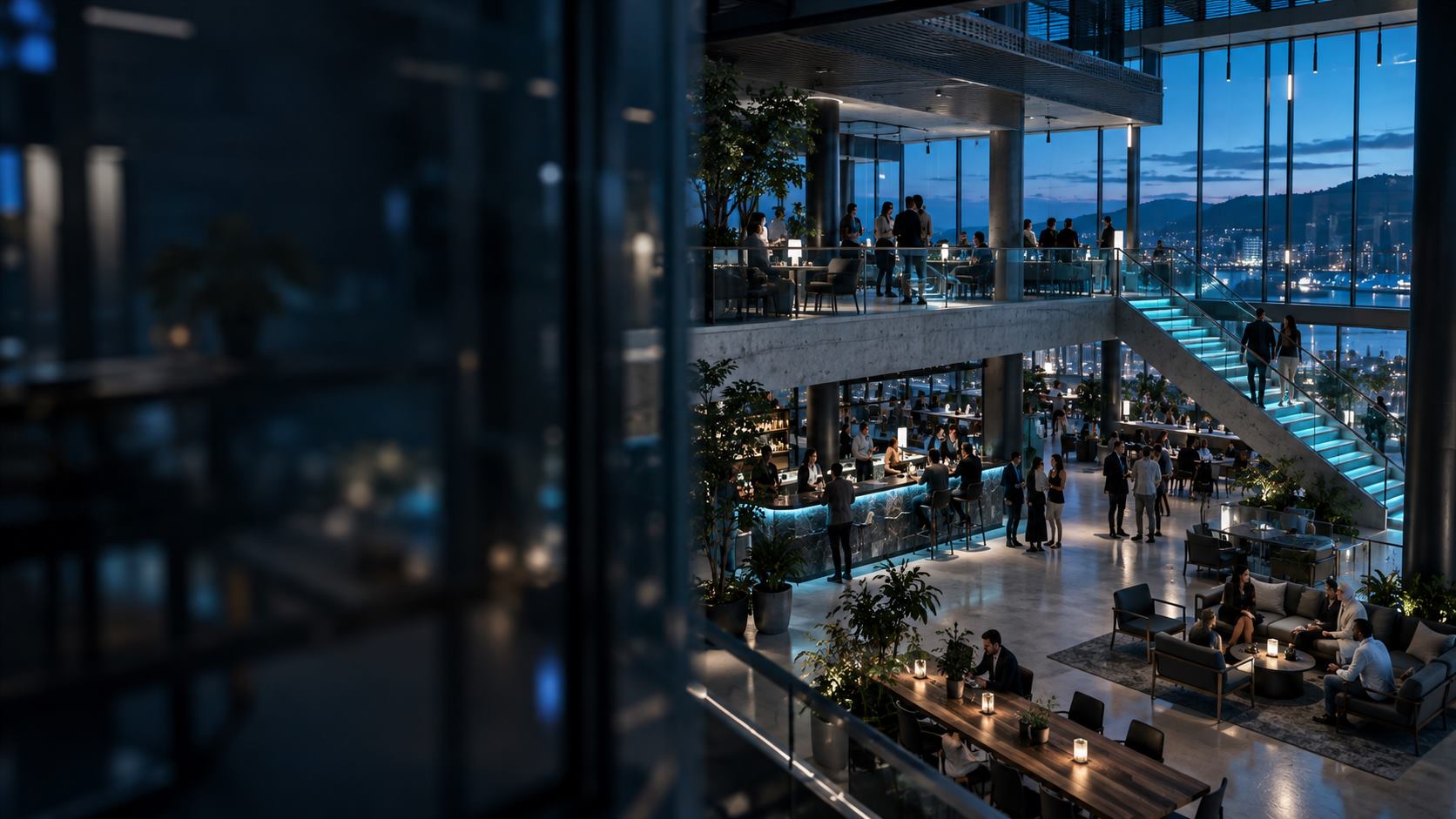 Contemporary multi-level venue interior at dusk, with seating, guests and a view across the city.